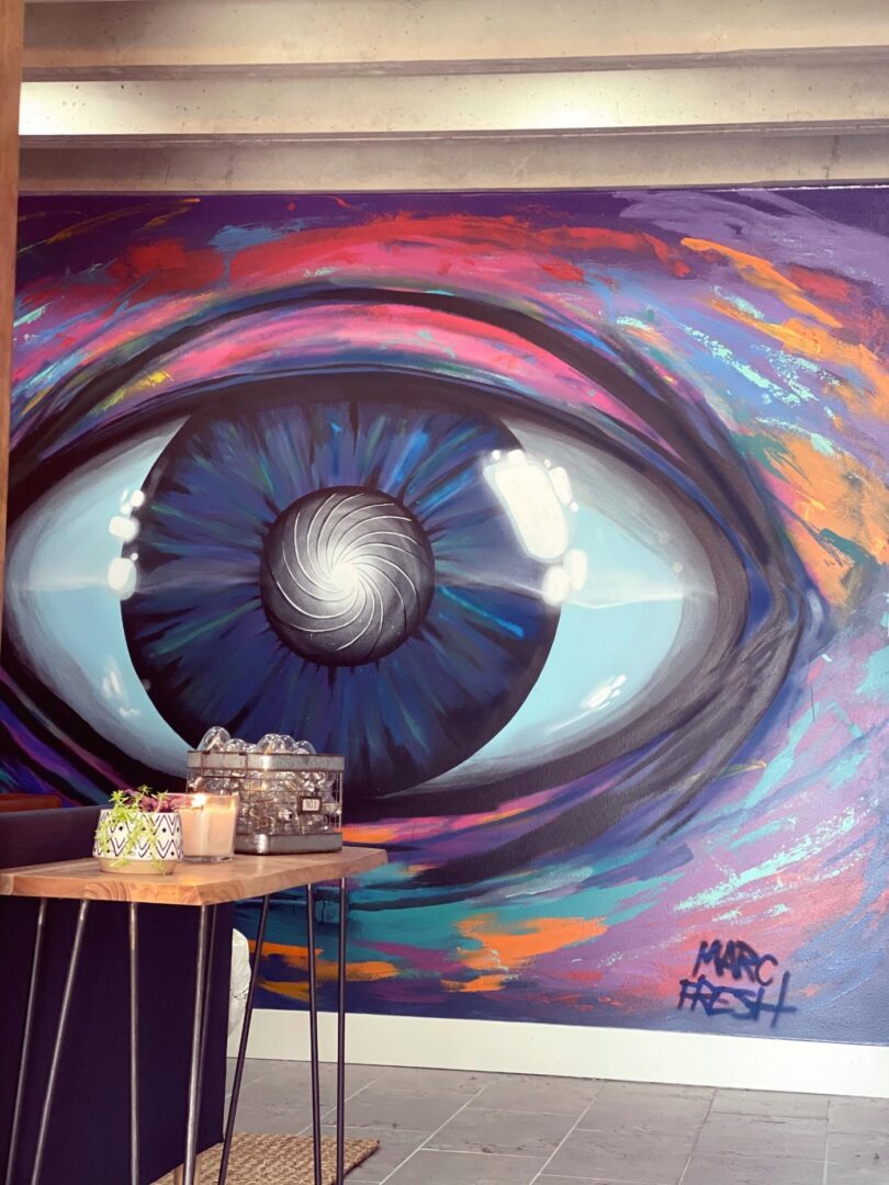 Large eye graffiti in urban setting