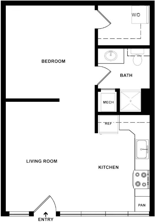 One-bedroom apartment layout with kitchen